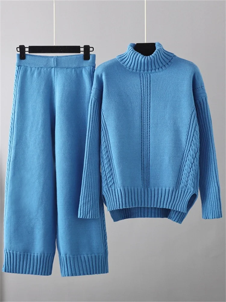 Women's Knitted Suit Autumn Winter Warm Tracksuits Loose Knitwear Suit Turtleneck Sweaters Wide Pants for Women Two Piece Sets