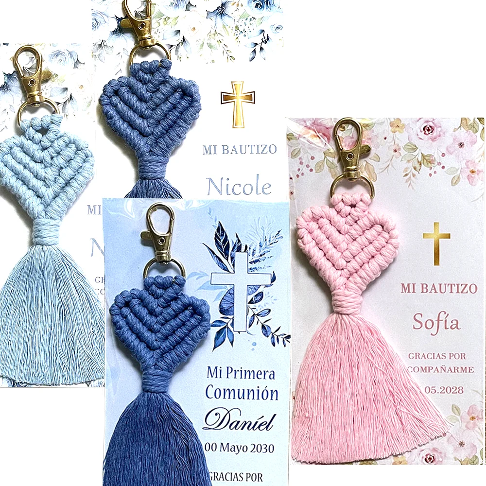 Regalo personalizado de Mi Bautizo, regalos para bebés, recuerdo de primera comunión, regalos de llavero de macramé, fiesta de bienvenida para Baby Shower, tarjeta de regalo de bautismo