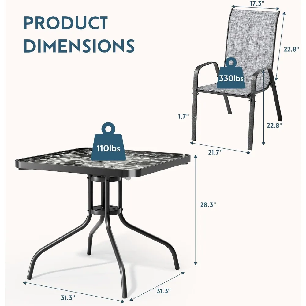 5 Piece Outdoor Patio Dining Set with Glass Table and Textilene Chairs