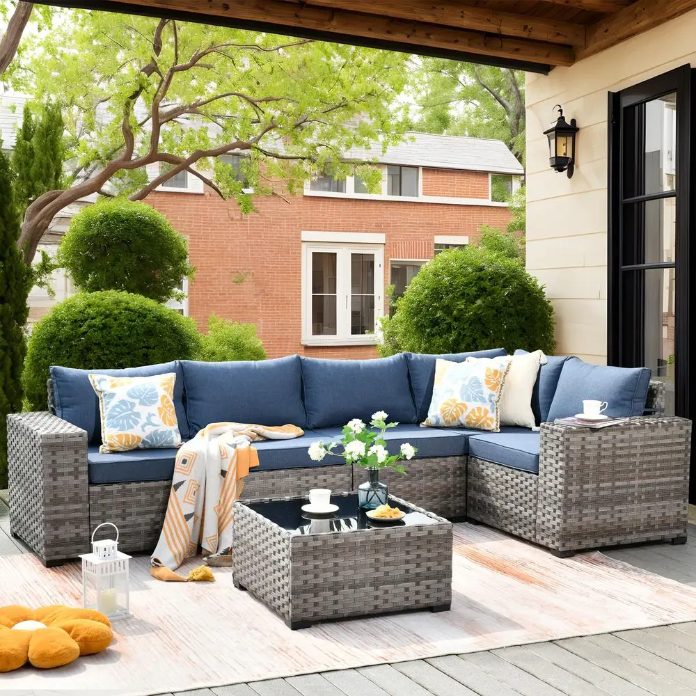 

6 Pieces Patio Furniture Set, Outdoor Wicker Sectional Sofa with Coffee Table Comfy Cushions, Modern Modular Deep Seat Couch Ra