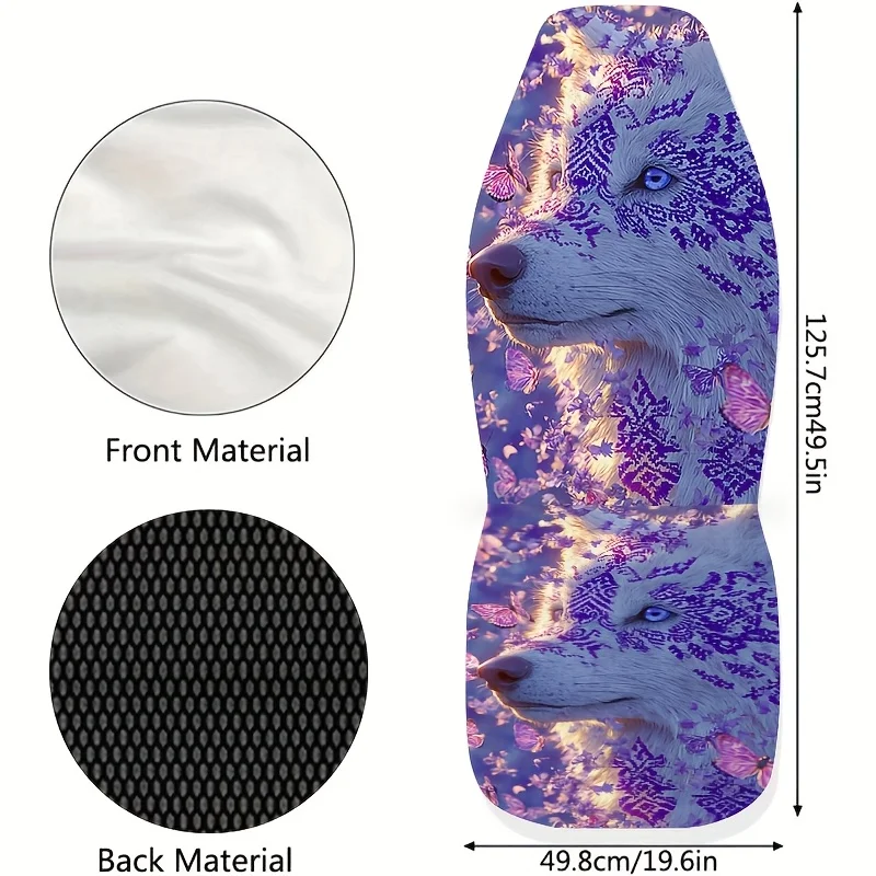 2pcs Blue-Eyed Snow Wolf Print Car Seat Covers, Easy-Clean Unisex Front Seat Protectors, Fashionable Car Accessories, All-Season