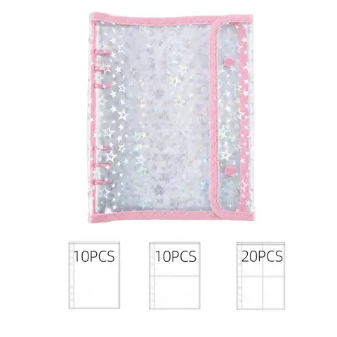 Sparkling Star A5 Binder Transparent Zipper Album with 3 Size Pockets Zipper Binder for Planner Journaling Sticker Collection