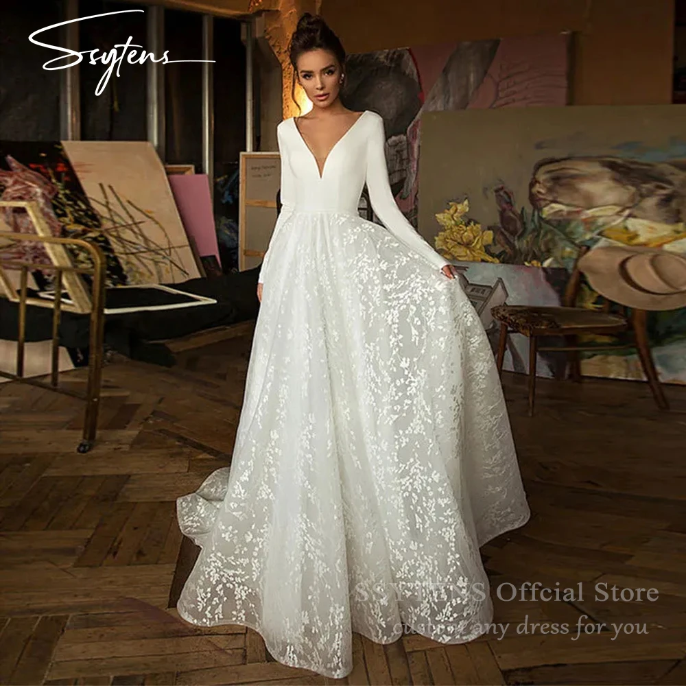 

SSYTENS Elegant A Line Wedding Dresses Long Sleeves Bride V Neck Stretch Satin Lace Bridal Gowns Plus Size Vestidos Customized