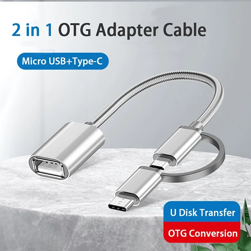 Braided Short 2 In 1 Micro USB Type C OTG Adapter Cord Male to USB-A Female Converter for Phone Tablet Stable Data Sync Portable