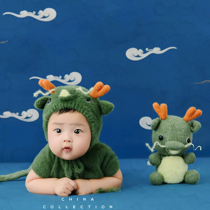 ❤️Baby Photography Clothing Knit Dragon Hat+Jumpsuit+Doll 3Pcs/Set Infant Photo Props Accessories Studio Shoot Clothes Outfits