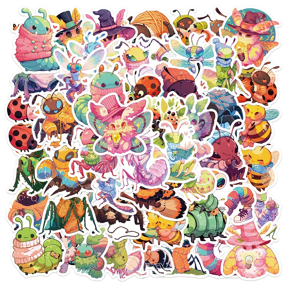 Lot de 10, 30 ou 50 autocollants rigolos en forme d'insectes, couleur bonbon, mignon, dessin animé, pour scrapbooking, cahier, téléphone, graffiti, DIY, jouet, cadeau pour enfant