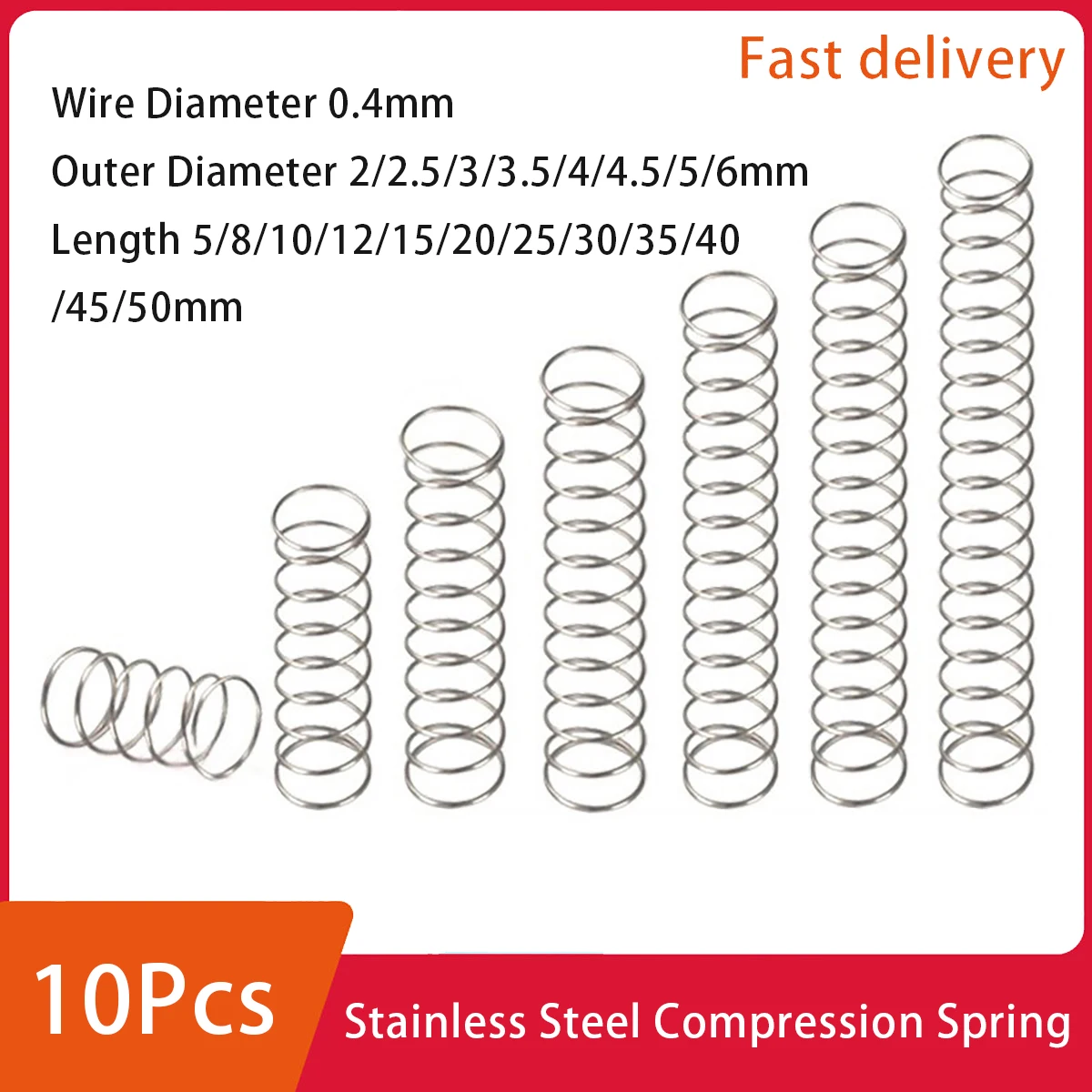 

10Pcs Stainless Steel Small Compression Spring Absorb Shock Elastic Force Tiny Wire Diameter 0.4Mm Outer Dia 2-6Mm Length 5-50Mm