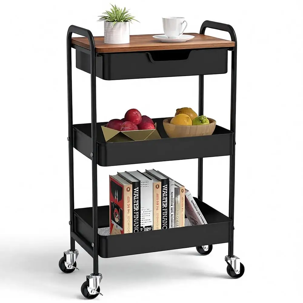 

Трехуровневая металлическая тележка на колесиках с деревянной столешницей - органайзер для хранения для кухни, художественных принадлежностей, ванной комнаты, офиса и гостиной