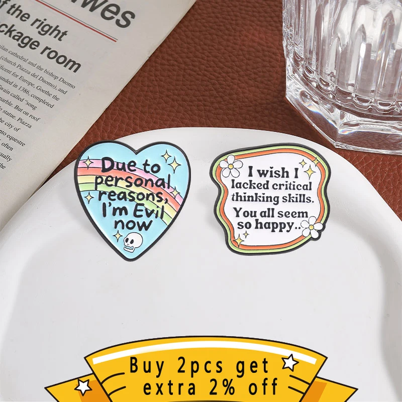 Funny Sarcastic Quote Enamel Pin, Rainbow Heart Skull, Humor Text Badge, Fashion Clothes Backpacks Accessory, Gift for Friends