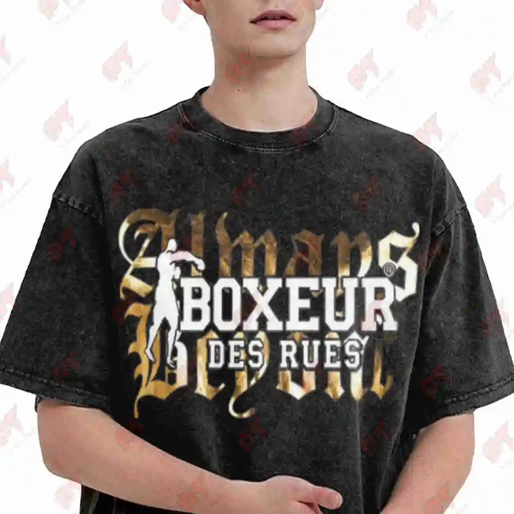 Boxeur Des Rues Gold Typography Fighting Figure Silhouette Vintage Washed Tee Pure Cotton T-Shirt