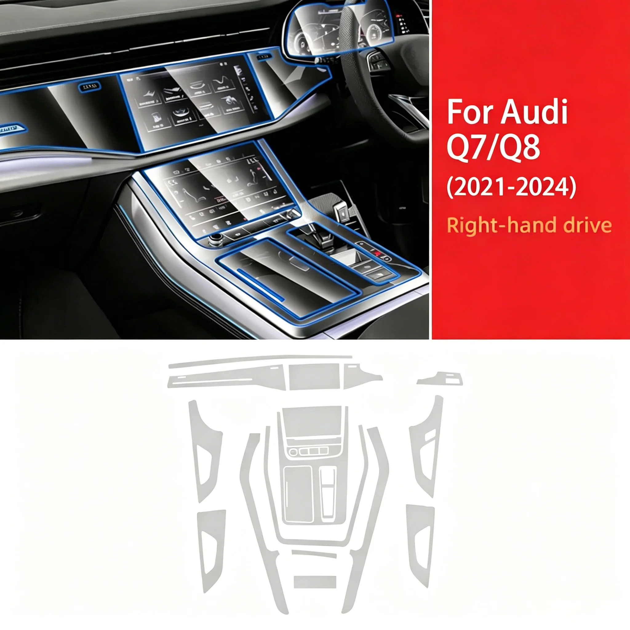 Für Audi Q7 Q8 2021-2024 Innenraum-Schutzfolie Transparente TPU-Schutzfolie Auto-Getriebepanel Armaturenbrett Anti-Kratz-Aufkleber Mittelkonsole – Detail 2
