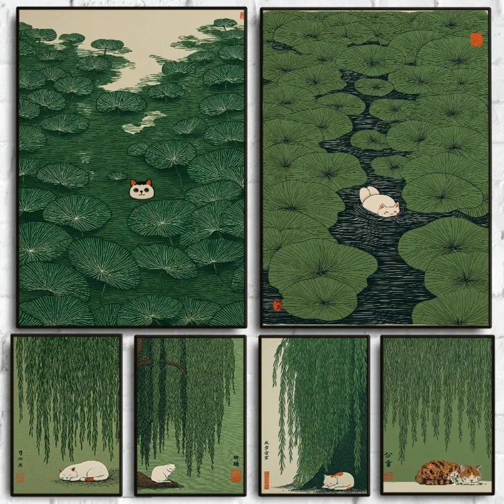 1pc frameless Canvas Painting Japanese Style Green Nature and Cat Poster Willow Tree Lily Pond Scenery Canvas Painting Wall Art