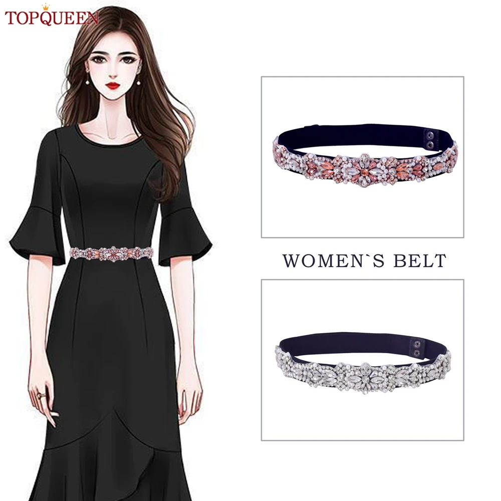 TOPQUEEN S442-B Fashion Dress Elastic Belt Women Rhinestone Pearl Rose Gold Luxury Party Sash Overcoat Western-style Accessories