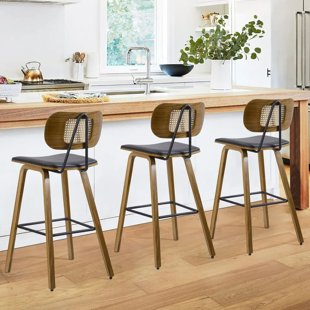 

Bar Stools Set Of 3,26" Wood Kitchen Stool PU Leather Upholstered Barstool With Rattan Back,bars Stools For Kitchen