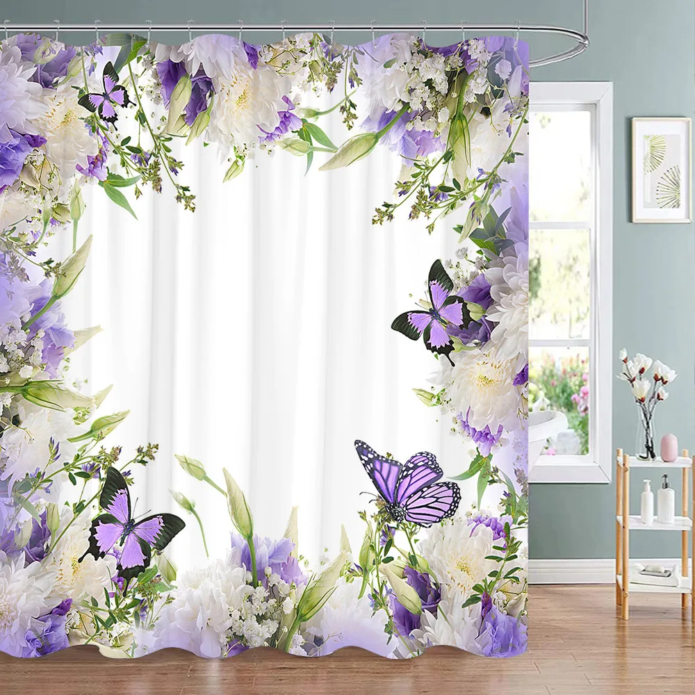 Fresh Floral and Butterfly Shower Curtain Pretty Buds Botanical Spring Peaceful Printed Polyester Shower Curtains Bathroom Decor