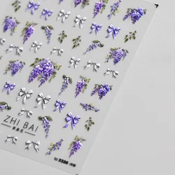 1pcs 5D Exquisite Kawaii Wisteria Flower Nail Art Stickers Purple Flower Bow Nail Decoration Slider Decal Adhesive Transfer Part