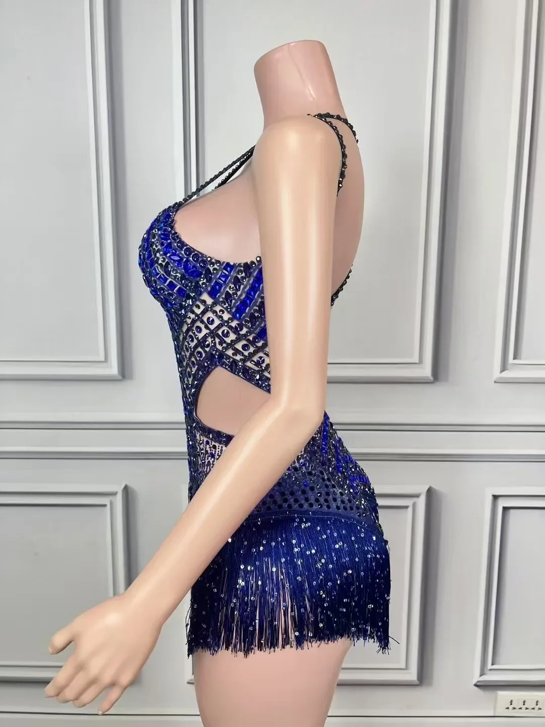 Body azul con flecos y diamantes de imitación brillantes, traje de baile para actuación, club nocturno, cantante, bailarina, ropa de escenario