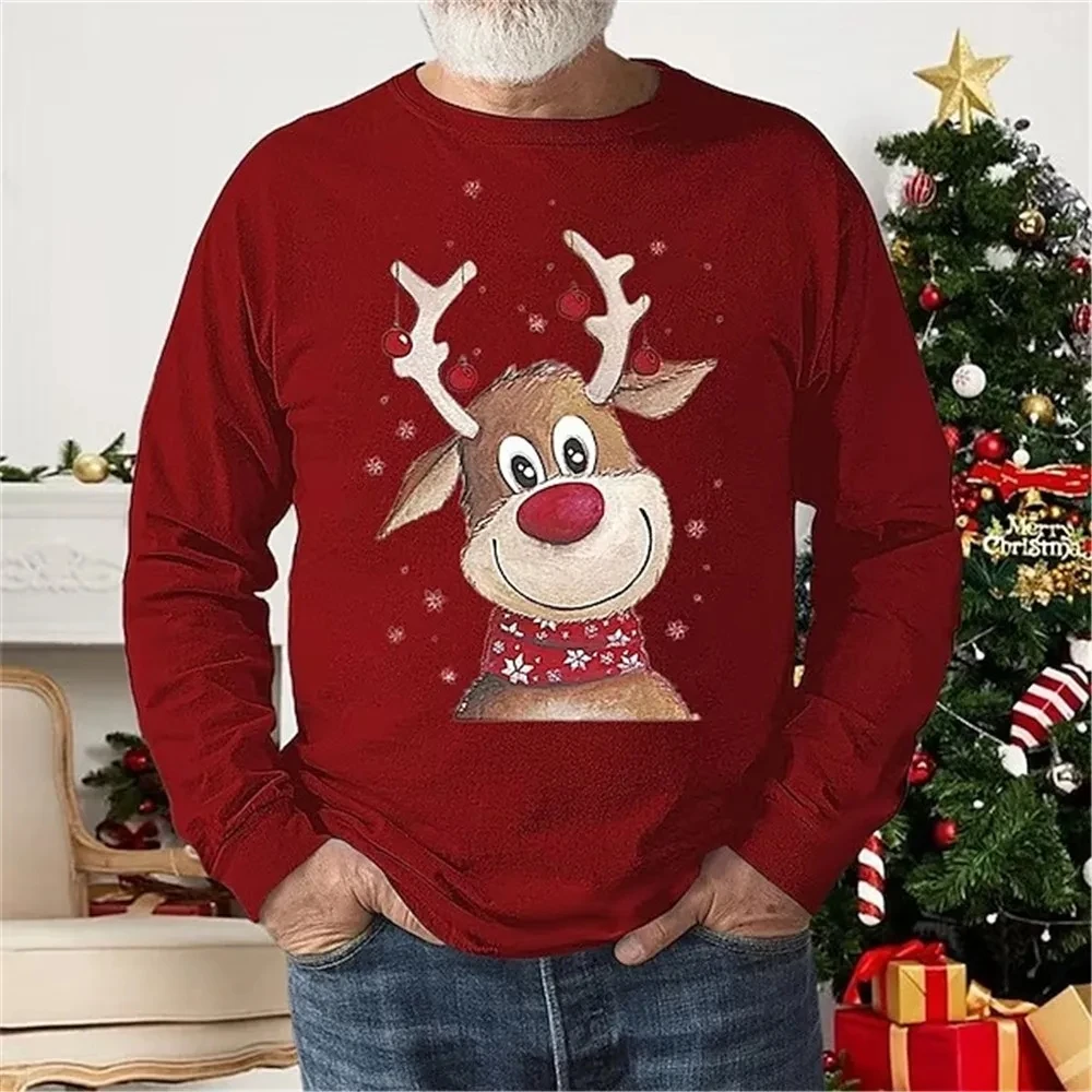 New Festivals Pattern Christmas European Size Long Sleeved T-shirt For Men\'s Casual Autumn Trend Top Round Neck Tees