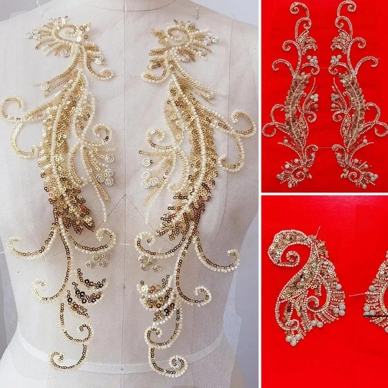 

2 pairs, New High-quality Exquisite Mesh Embroidery Sequins Bead Embroidery Handmade Dress Decoration Clothing Accessories