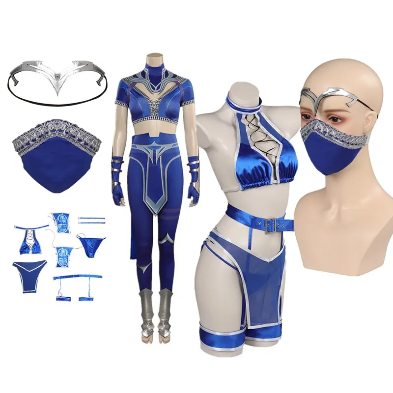 Game Kitana Cosplay Costume Mortal Cos Kombat Disguise Adult Women Pants Top Gloves Mask Outfits Halloween Carnival Party Suit