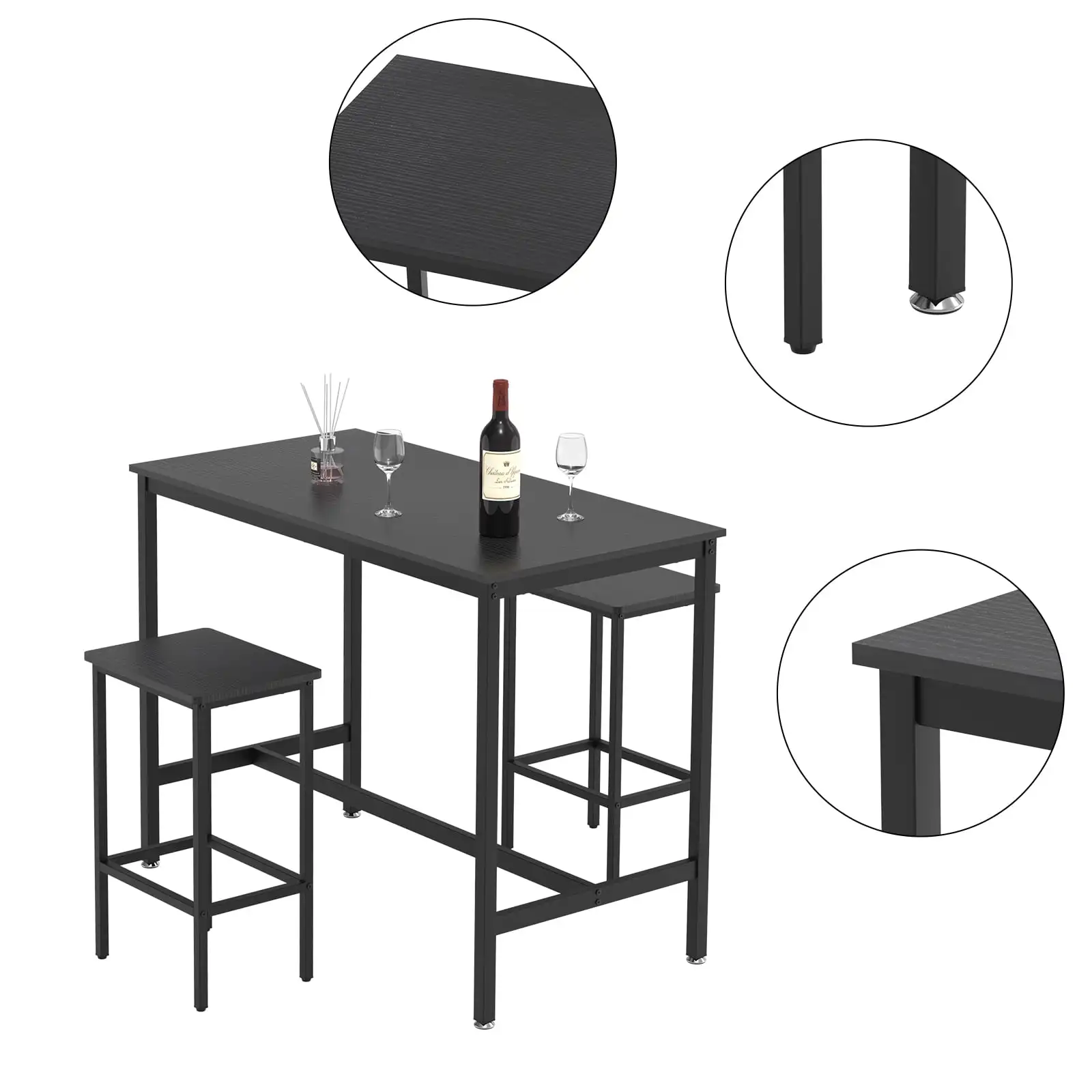 3 Piece Bar Table and 2 Chairs Set Counter Height Dining Set Pub Table Set w/ 2 Stools, Black