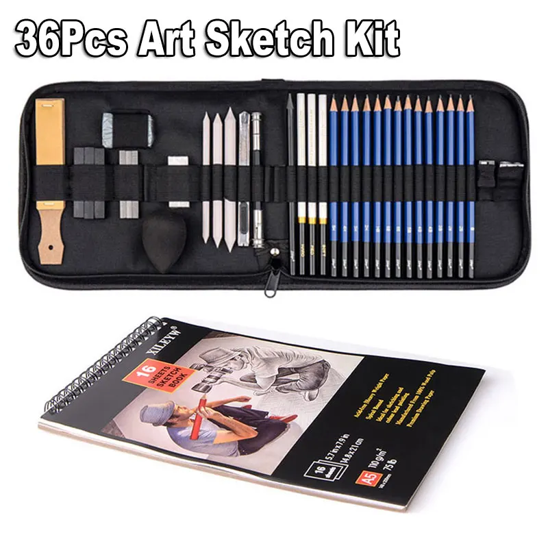 36Pcs Art Sketch Kit Artist Drawing Pencil 5H-8B Set Charcoal Graphite Stick Rod Graphing Book With Zipper Bag Organizer Case