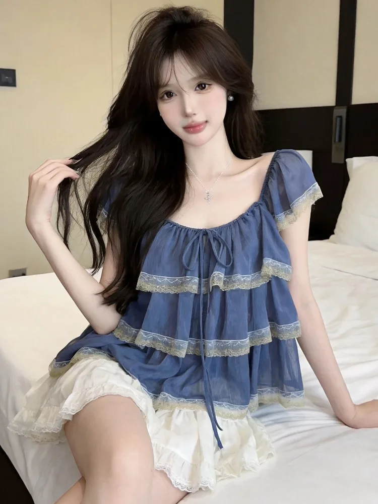 

Ruffle Sleeve Lace Trim Doll Shirt Women's Summer Anti-Aging U-Neck Lace Trim Blouse Korean Style Standard Fit Breathable Kni...