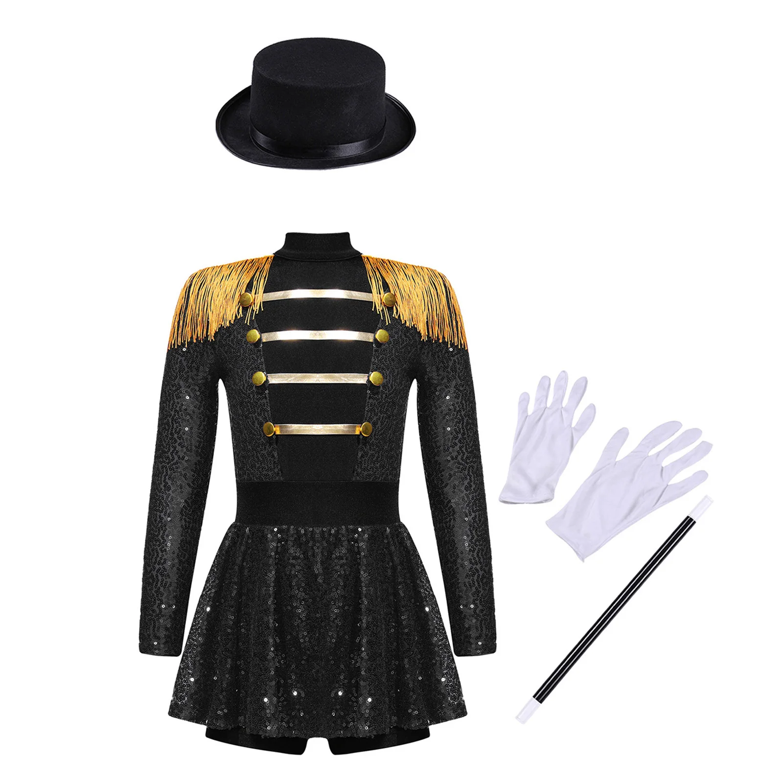 

Girls Ringmaster Circus Costume Long Sleeve Tassel Sequin Leotard Bodysuit with Magic Wand Hat Gloves Halloween Cosplay Outfits