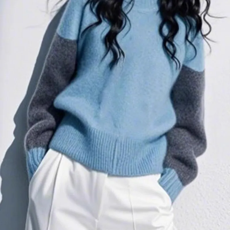 

Корейский модный серо-синий контрастный свитер в ленивом стиле, женский весенне-осенний высококачественный свободный повседневный женский пуловер