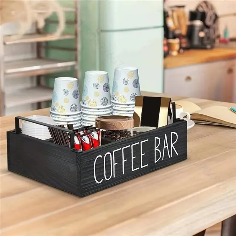 ABSJ-Wooden Multi-Compartment Storage Box Organizer For Coffee, Tea Bags, Paper Cups Countertop Kitchen Space-Saving Tidy Box