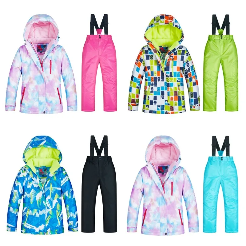 

Thickened girls, baby children's ski clothes, windproof and waterproof clothes and pants sets, Snow Town travel equipment