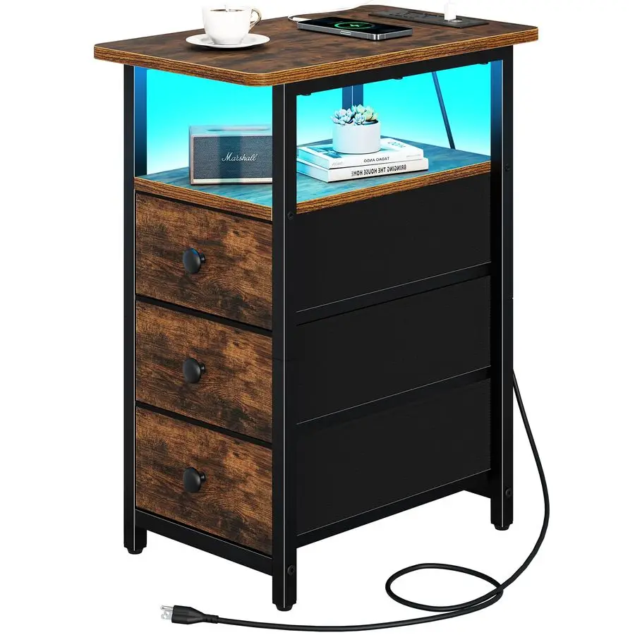 

End Table with Charging Station, LED Narrow Side Table Bedside Table, Small Night Stand End Tables Living Room, Skinny Nightstan