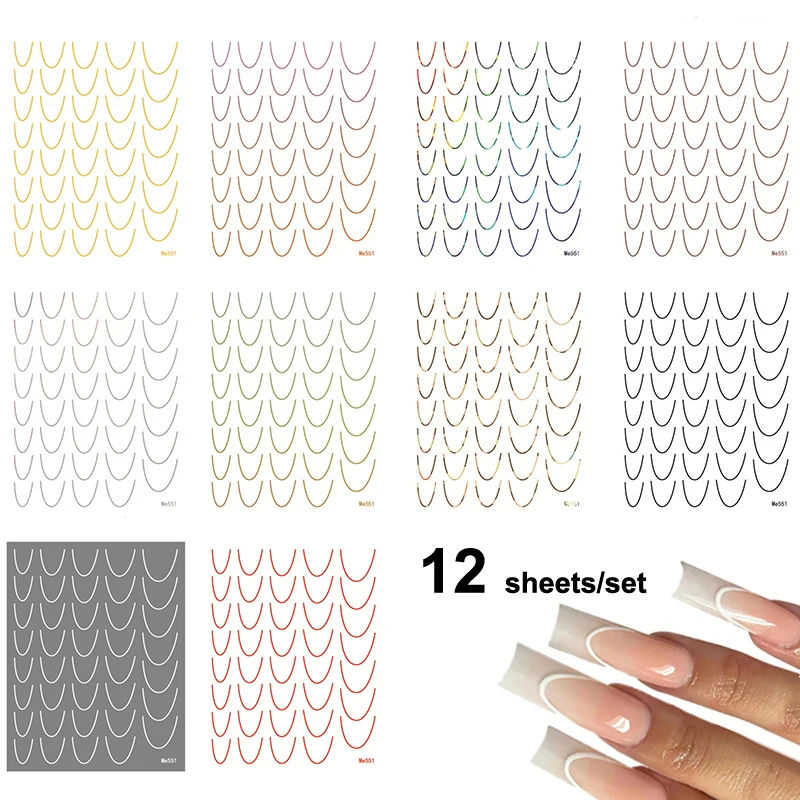 12 Sheets 3D Colored French Line Tips Nail Stickers Decals Gradient Wave Stencil Manicure Guides Adhesive Sticker Nail Art Decor