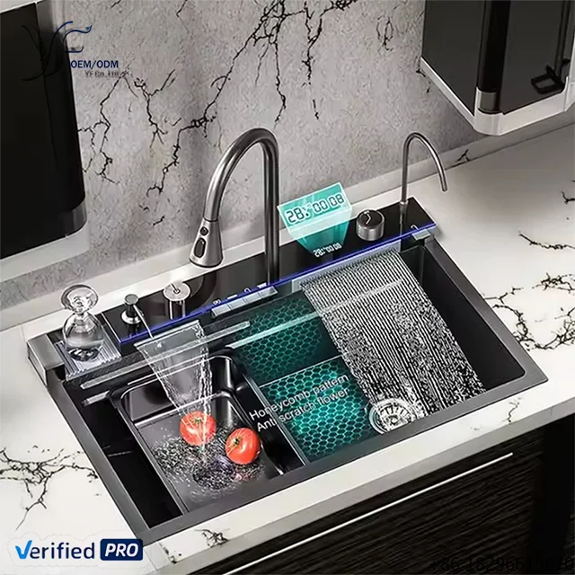 2026 Hot Sale Multifunctional Kitchen Workstation Sink Waterfall Spout Built-in Cup Washer Double Step