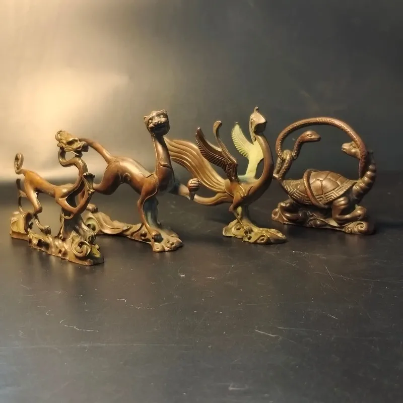 Exquisite Four Divine Beasts: Bronze-Colored Green Dragon, White Tiger, Vermilion Bird, Black Tortoise Pet and Tea Table