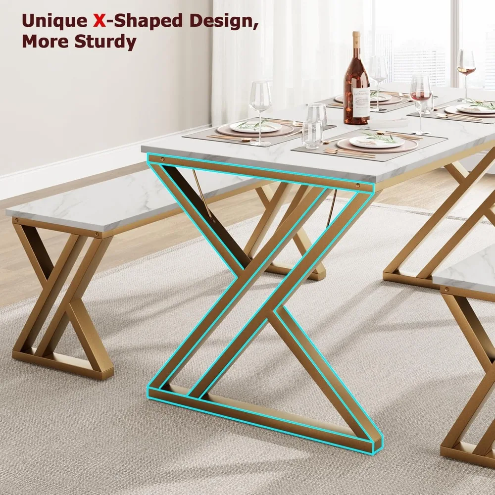 Conjunto de jantar de 4 lugares com mesa retangular e dois bancos, com tampo de mármore falso