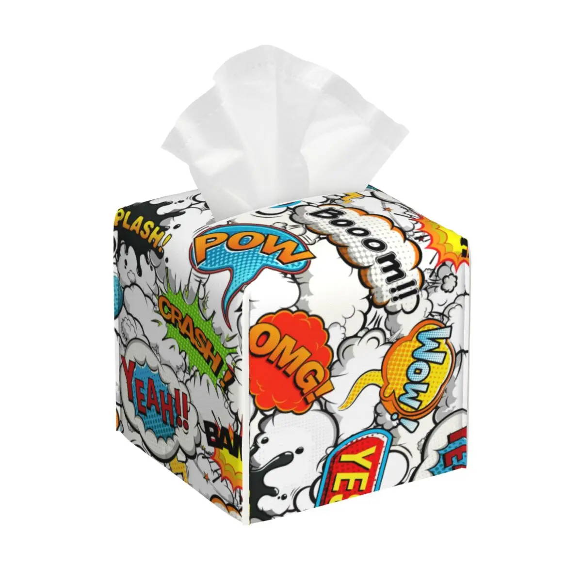 Custom Colorful Comics Speech Bubbles Tissue Box Cover Square PU Leather Facial Tissue Box Holder for Bathroom Office