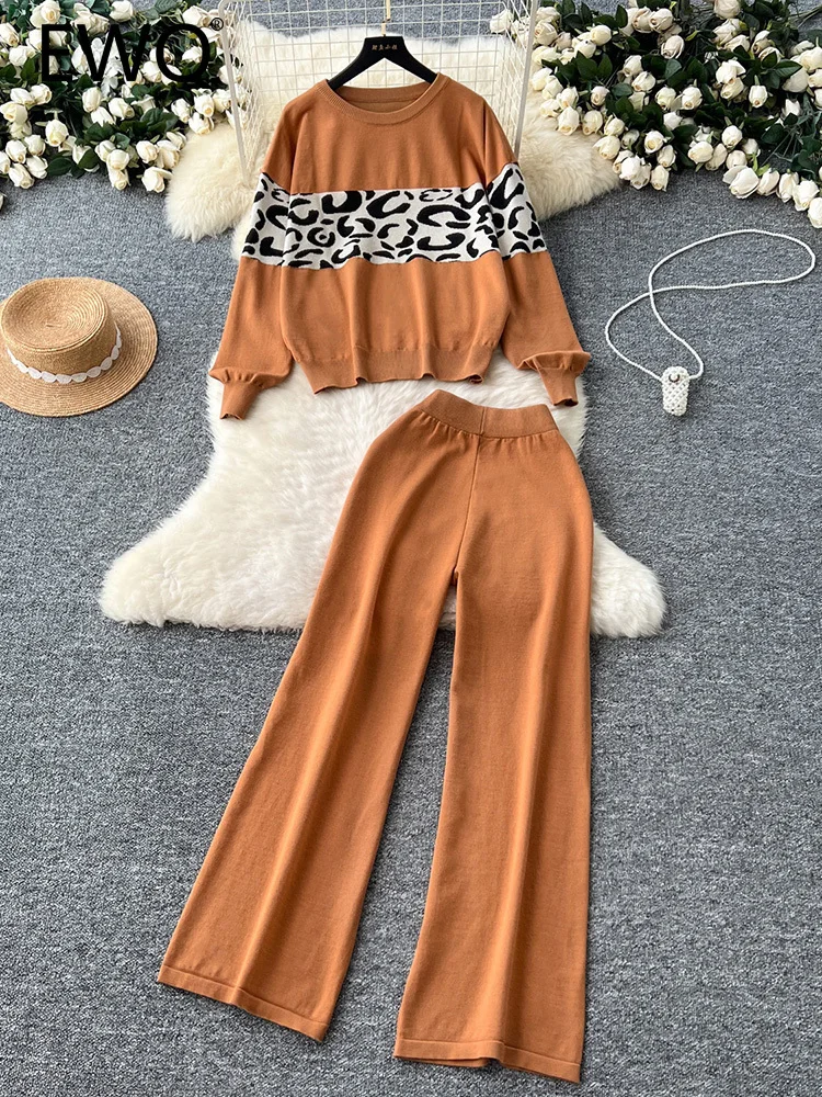 EWQ Autumn Winter Knitted 2 Piece Set Women Leopard Pullover Sweater + High Waist Long Pants Fashion 2024 New Clothing 27X1583