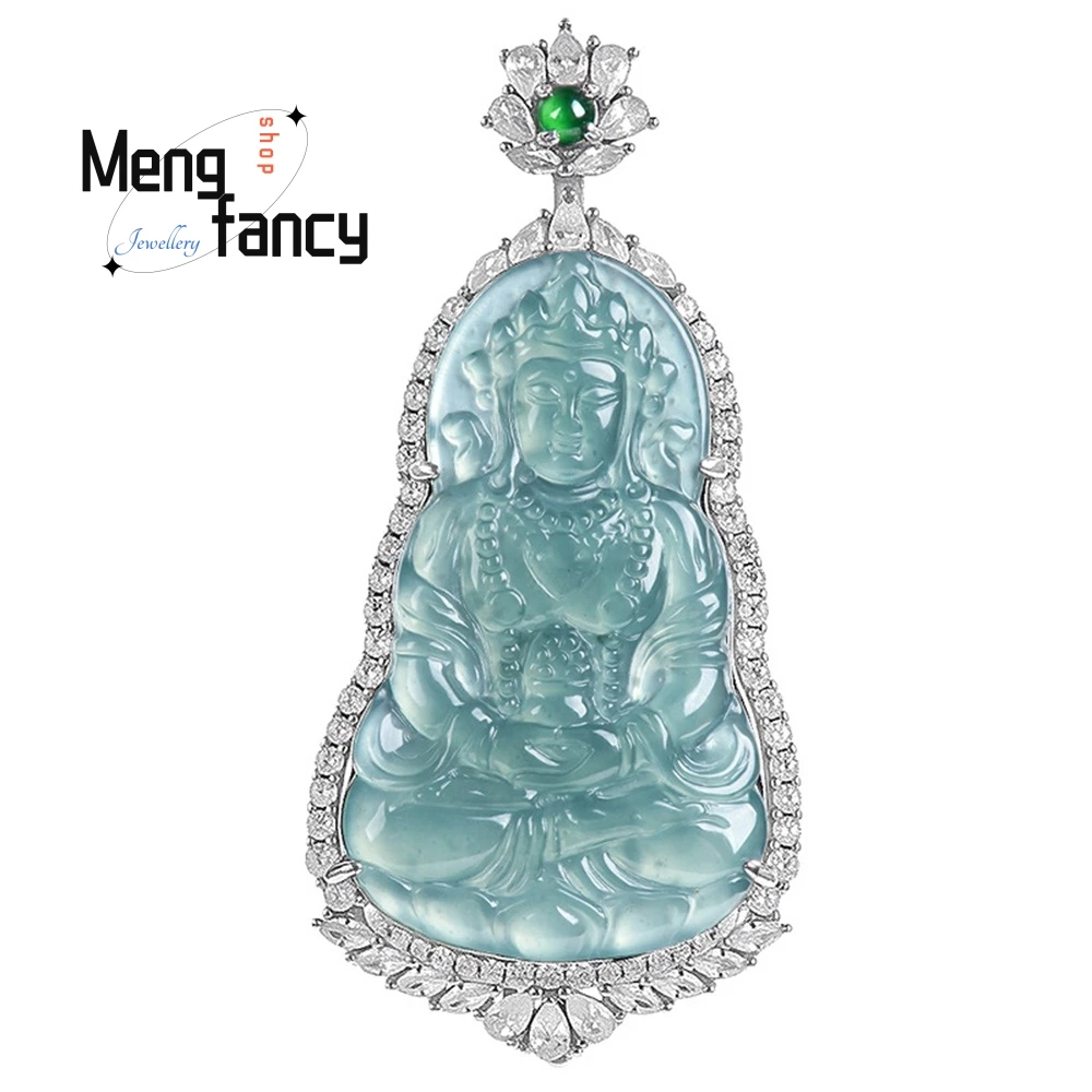 Natural A-Grade Jadeite Blue Water Tara Guanyin S925 Silver Inlaid Ice Type Jade Pendant For Men And Women Necklace Pendant