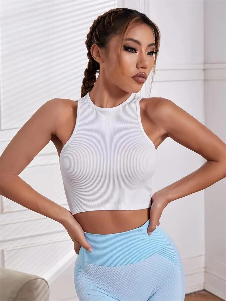 3 Piece Yoga Vest Women Gym Sports Black White Crop Tops Seamless Streetwear Rib Knit Workout BreathableTank Top Female