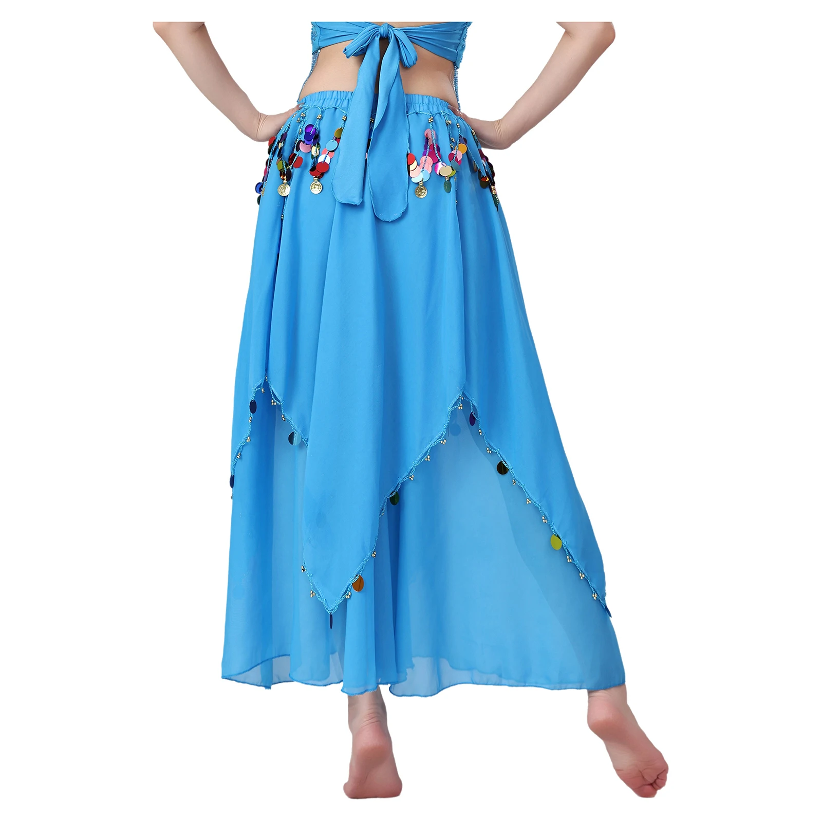 Bauchtanz-Chiffon-Rock für Damen, glitzernde Pailletten, Quaste, unregelmäßiger Saum, dehnbarer Rock, Tanzbekleidung, indischer Tanz, Volkstanzkleidung