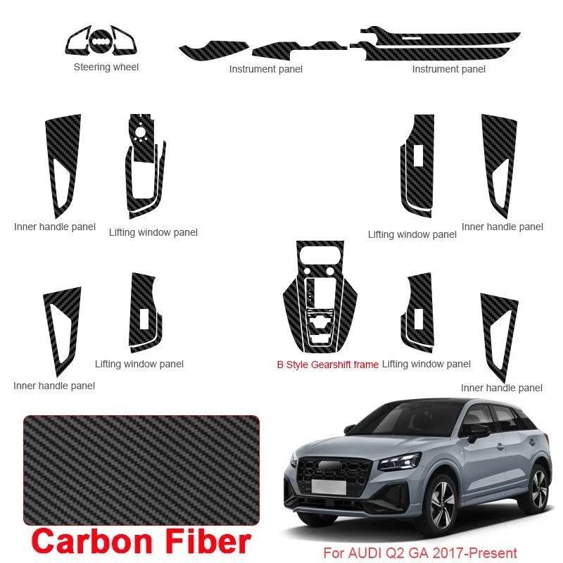 Car Carbon Black Interior Sticker  Lifting Window Panel Decal Gear Inner Door Protective Film Accessory For Audi Q2 GA 2017-2026