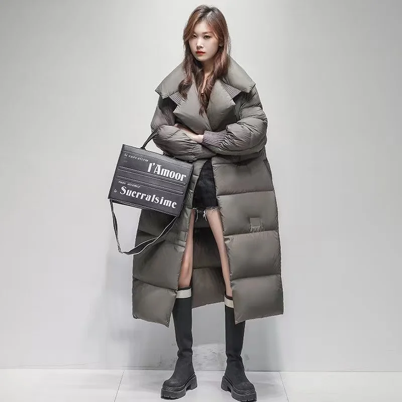 

2025 женский белый утиный пух свободный до колена пуховик зимний однотонный длинный пуховик женский толстый теплый уличный парка верхняя одежда