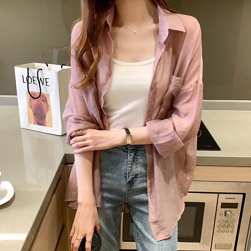 Breathable Thin Loose Chiffon Shirt and Camisole Knit Vest Two Piece-set for Women\'s Summer Korean Version Casual Commuting Set