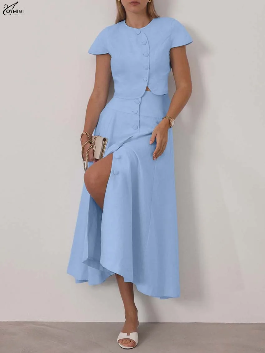 Oymimi Elegant Blue Cotton 2 Pieces Set For Woman Fashion O-Neck Short Sleeve Button Shirts And High Waist Mid-Calf Skirts Sets image 2