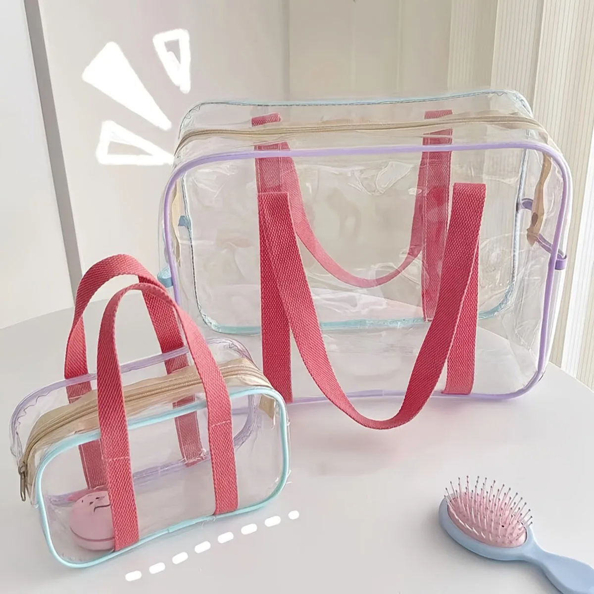 Transparent PVC Travel Makeup Bag, Color Trim Clear Toiletry Bag with Hand Strap, Waterproof Cosmetic Storage Pouch for Vacation