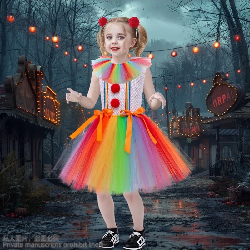 2024 Halloween Anime Color Joker Tutu Dress For Girls Carnival Clown Cosplay Lolita Kawaii Creepy Child Party Scary Clothes Kids