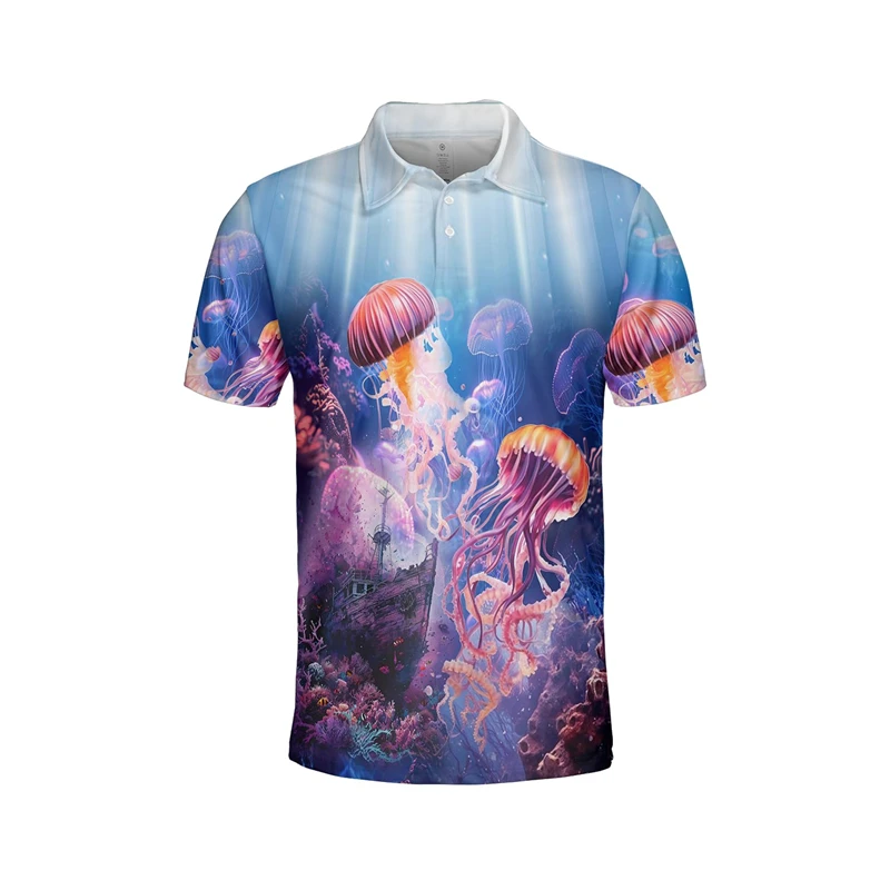 Beautiful Sea Animal Jellyfish 3D Printed Polo Shirts For Men Clothes Ocean Jelly Fish POLO Shirt Hip Hop Male Button Tops Tee