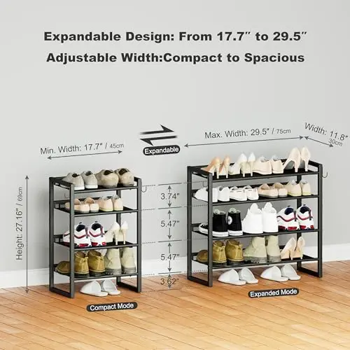 

4-Tier Heavy-Duty Expandable Metal Shoe Rack With Adjustable Tilted And Flat Shelves, Freestanding Entryway Closet Garage