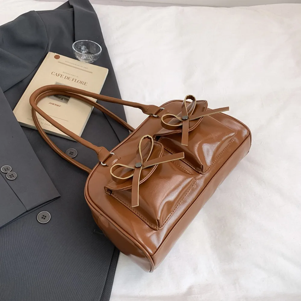 

French Style Bow Ribbons Bowling Bag Large Capacity PU Leather Boston Shoulder Bag Elegant Casual Women Handbags Underarm Bag
